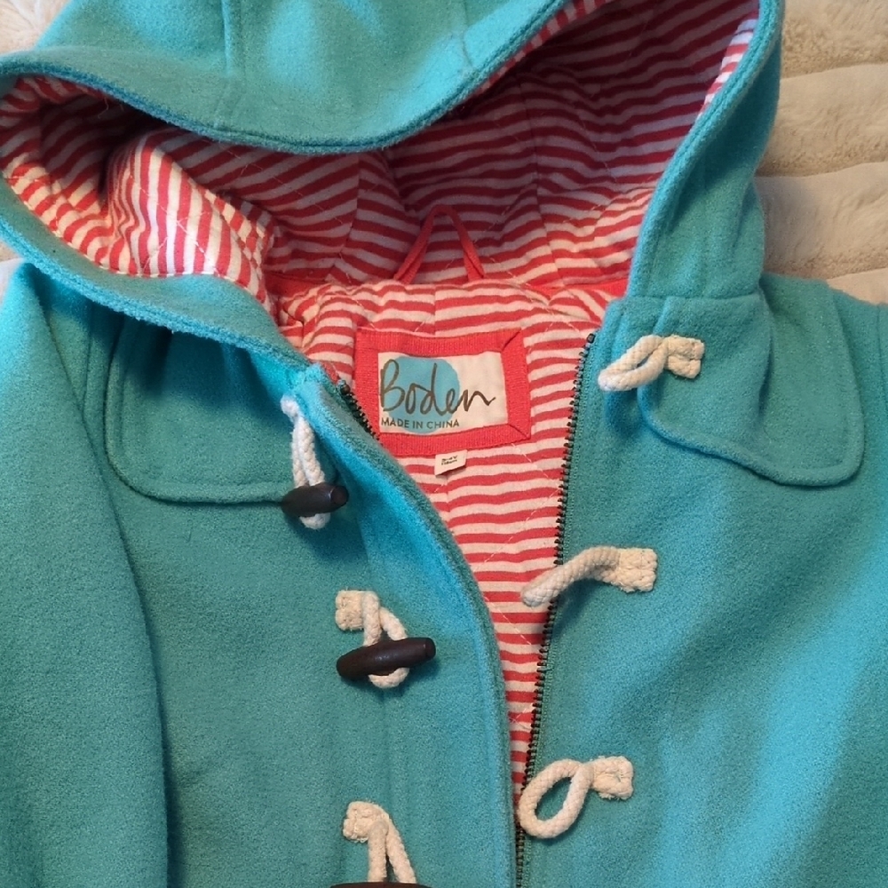 Boden Teal Toggle Coat with Striped Lining